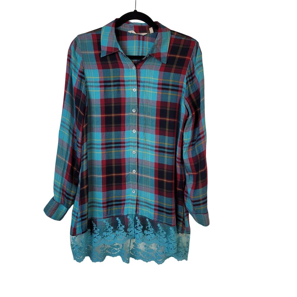 Soft Surroundings Adeline Shirt Womens XS Turquoise Red Plaid Lace Rustic Casual